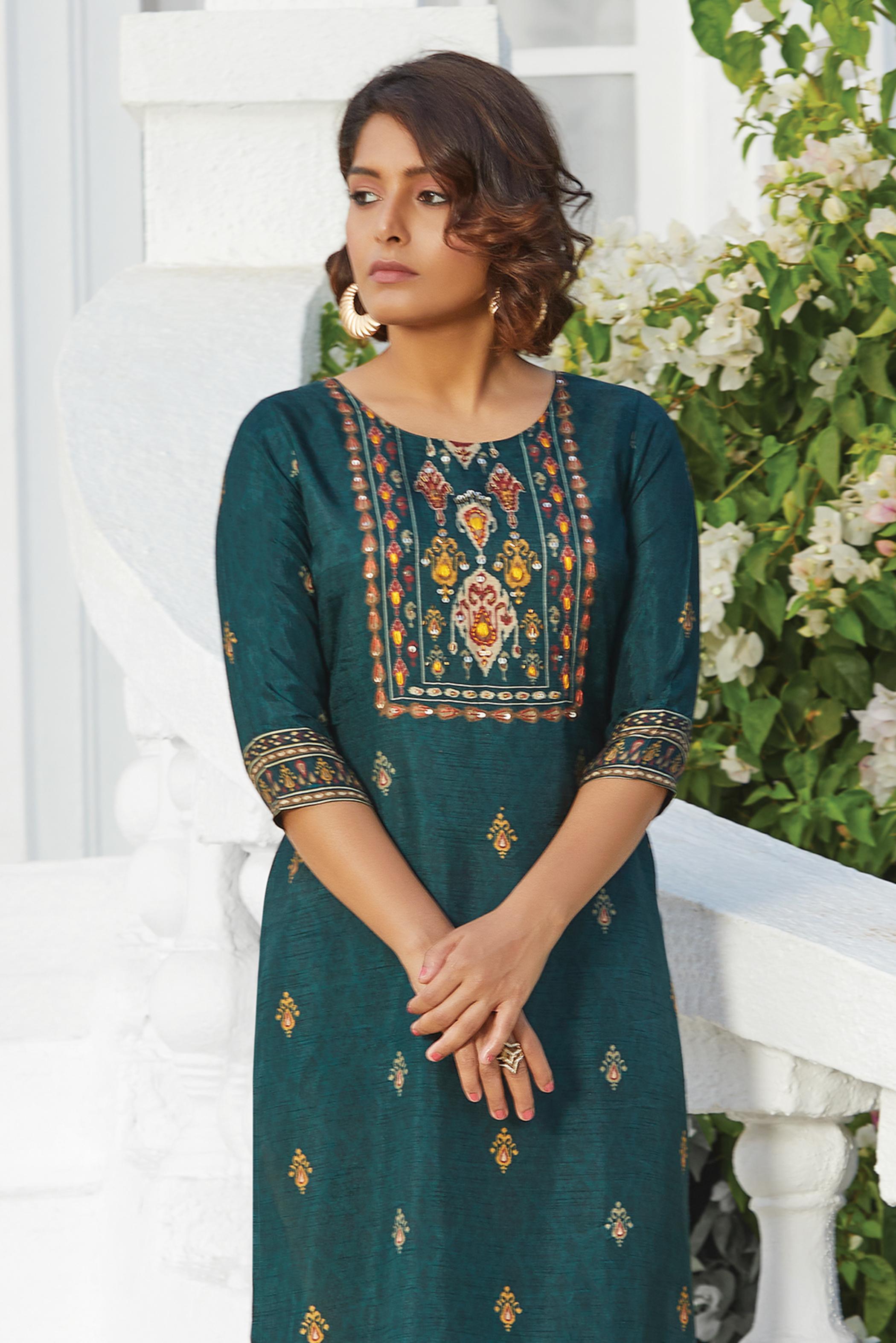 PEACOCK BY HIRWA HEAVY CHINNON WITH INNER (EMBROIDERY + HAND WORK) KURTI  CATALOG - textiledeal.in